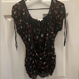 Ultra Flirt Black Blouse with Red Floral Pattern